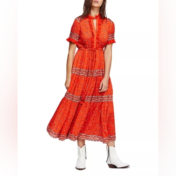 Free People Rare Feeling Printed Maxi Dress Sz XS Red Tiered Boho